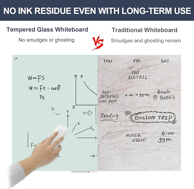 Magnetic Glass Whiteboard, TANKEE 48 x 36 Inches Glass Dry Erase Board Large White Board for Wall, Frameless Whiteboard for Office School Home Classroom