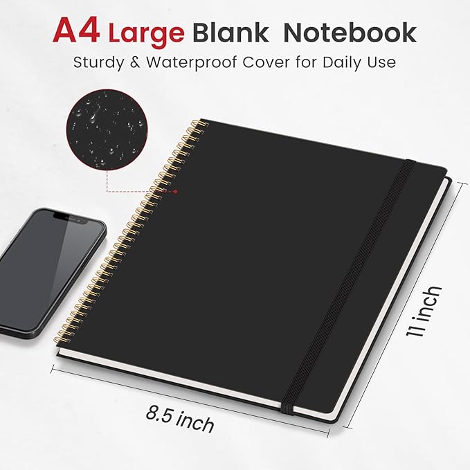 Taja Spiral Blank Notebook, 8.5"x11" Notebooks for Work, Large A4 Journal for Women & Men, Sketch Journal, Journaling Notebook for Writing, Plastic Cover Spiral Journal, Black