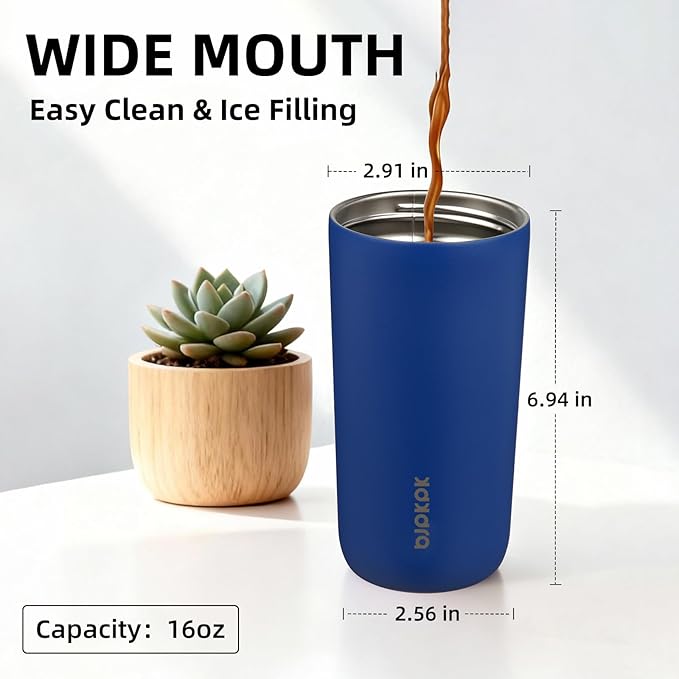 BJPKPK 16oz Insulated Tumbler with Lid,Travel Coffee Mug Stainless Steel,Leakproof Reusable Thermal Cup for Cold and Hot Drinks,Sapphire Blue
