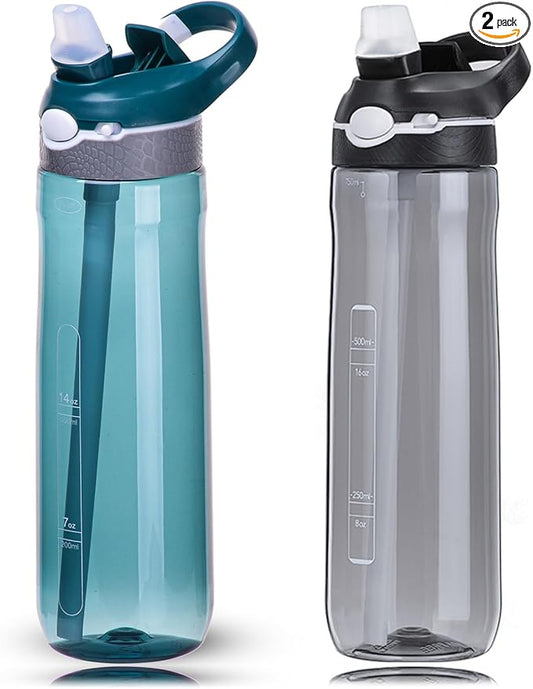 DEARART 2-Pack 24oz Dark Cyan & Black Water Bottles With Straw, Leakproof BPA FREE Hidden Nozzle, Flip Up Lid Has Handle Wide Bottle Easy Clear, Suit Office Outdoor Sports Travel Gym.