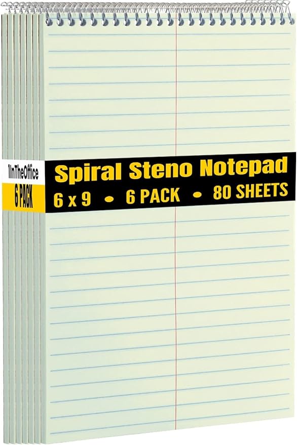 1InTheOffice Steno Pads Spiral 6x9, Spiral Note Pad, Gregg Ruled Spiral Notepad, Green Tint, 80 Sheets (6 Pack)