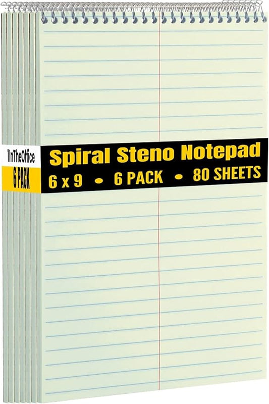 1InTheOffice Steno Pads Spiral 6x9, Spiral Note Pad, Gregg Ruled Spiral Notepad, Green Tint, 80 Sheets (6 Pack)