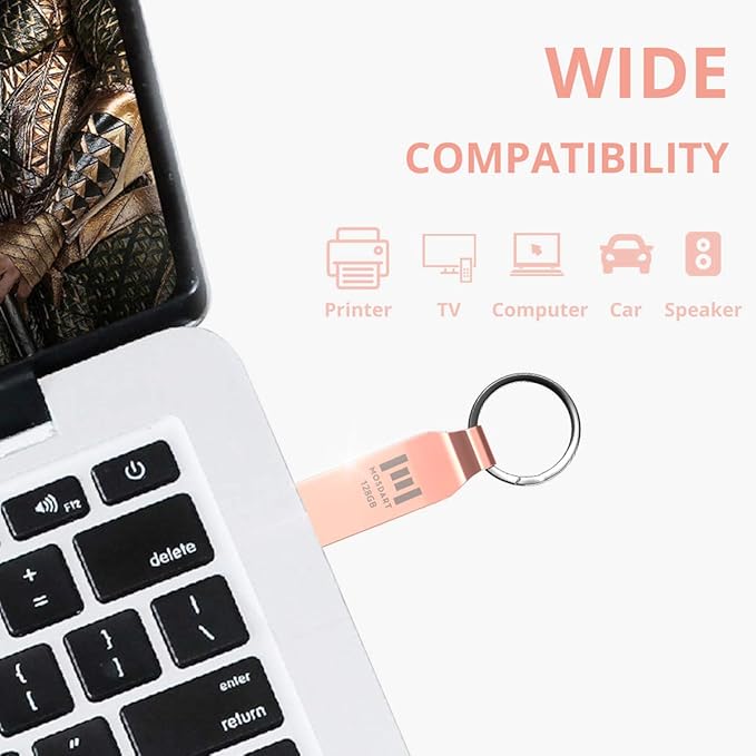 MOSDART Waterproof 128GB USB2.0 Flash Drive, exFAT Metal Memory Stick with Keychain, for System Back, Data Storage, Rose Gold