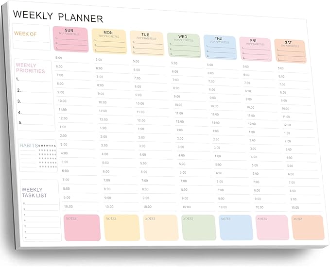 Undated Weekly Hourly Planner Notepad, Tear-Off ADHD Planner,Weekly Planner,Weekly Schedule Planner,Weekly To Do List Notepad(52 Sheets,8.5"x11",Macaron Color)