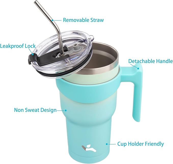 Konokyo 40 oz Tumbler with Handle and 2 Straw 2 Lid, Insulated Water Bottle Stainless Steel Vacuum Cup Reusable Travel Mug, Mint