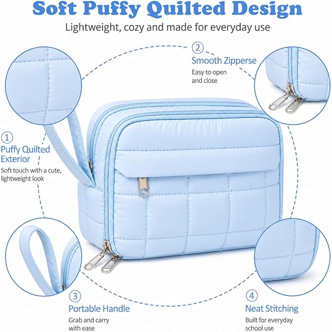 Puffer Quilted Pencil Pouch for Women, Large Capacity Organizer Bag with Multiple Compartments, Cute Aesthetic Pencil Case for Office, Travel & Daily Essentials(beige)