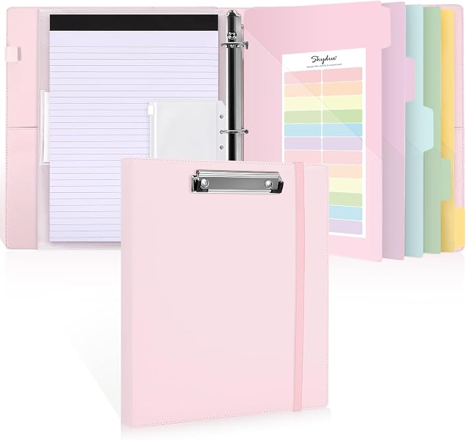 SKYDUE 3 Ring Binder with Clipboard, 13.2" × 10.2" Faux Leather 1 Inch Binder Organizer with 5 Pocket Dividers, Notepad, Labels & 2 Storage Pockets for Teachers, Students, Nurses & Office Work