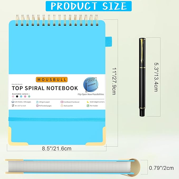 Top Spiral Notebook, A4 Hardcover Top Bound Steno Pads, 240 Pages 100gsm College Ruled Left Handed Notebook Journal for Work, School, Meeting Writing - Blue, 8.5" x 11"
