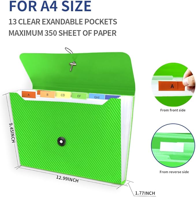 Expanding File Folder, 13 Pockets Accordian File Holder Organizer, A4 Letter Size Paper Document Receipt Organizer Accordion Filing Folder for Classroom, Home, Office and Travel, Green