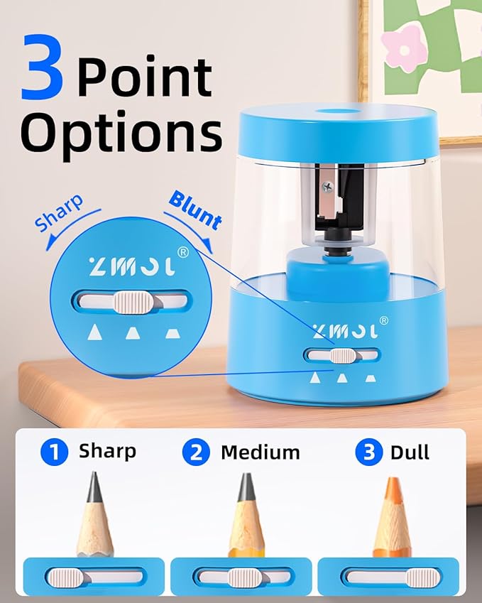 ZMOL Colored Pencil Electric Sharpener, Auto Stop, Plug-in Small Electric Sharpener Battery Powered for 6-8mm No. 2 Pencils Blue