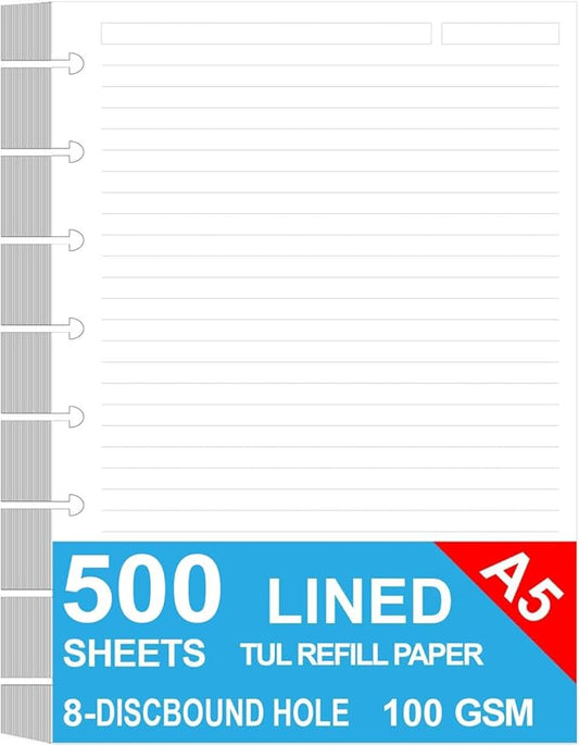 Junior Size Discbound Refill Paper - 8 Discs Discbound Paper, Lined Arc Paper Refill, 100gsm, Disc Paper Refill, White Paper, 500 Sheets/1000 Pages, 5.8 X 8.25 in