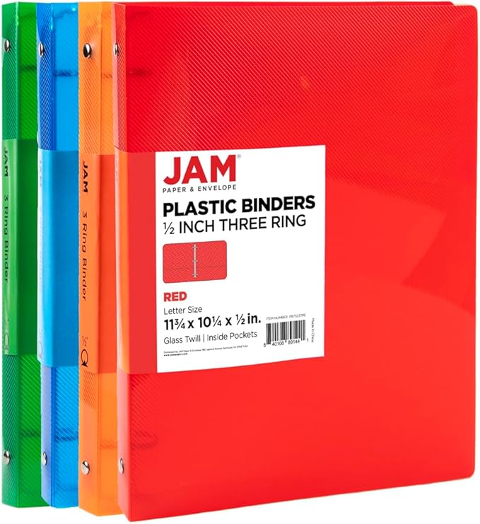 JAM PAPER Plastic 0.5 inch Binders - Assorted 3 Ring Binders (Red, Blue, Green & Orange) - 4/Pack