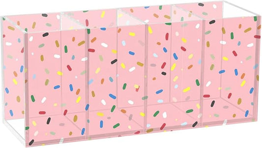 Aslsiy Colorful Confetti Sprinkle Pink Pen Holder for Women 4 Compartments Acrylic Pencil Holder Clear Makeup Brush Holder Desk Organizer Office Supplies