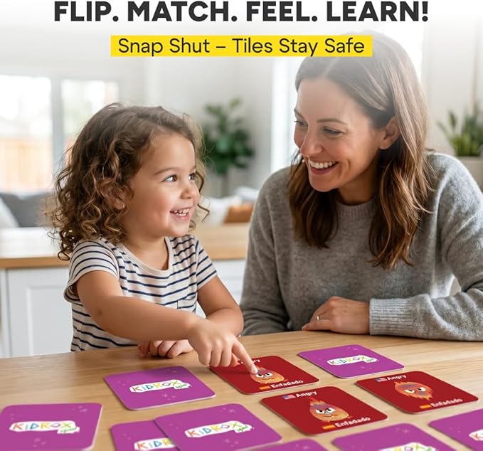 Kidrox Emotions Matching Game – Bilingual Memory Card Game in English & Spanish for Kids Ages 3+ | Learn & Mimic Emotions with Kidrox Squad | Premium Magnetic Box | 40 Tiles