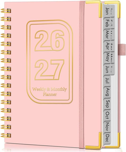 Planner 2026-2027, 18 Months Weekly and Monthly Hardcover Planner, January 2026 - June 2027, 5.75" x 8.38" A5 Daily Calendar Planner Book with Tabs, Spiral Yearly Agenda Organizer Notebook for School Work Home, Pink