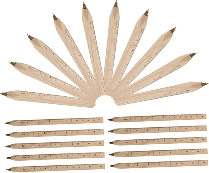20pcs Natural Biodegradable Wood Ballpoint Pens with Printed Ruler, Black Ink Carpenter Marker Pens for Office, Drafting, and Engineering Use
