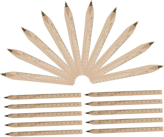 20pcs Natural Biodegradable Wood Ballpoint Pens with Printed Ruler, Black Ink Carpenter Marker Pens for Office, Drafting, and Engineering Use