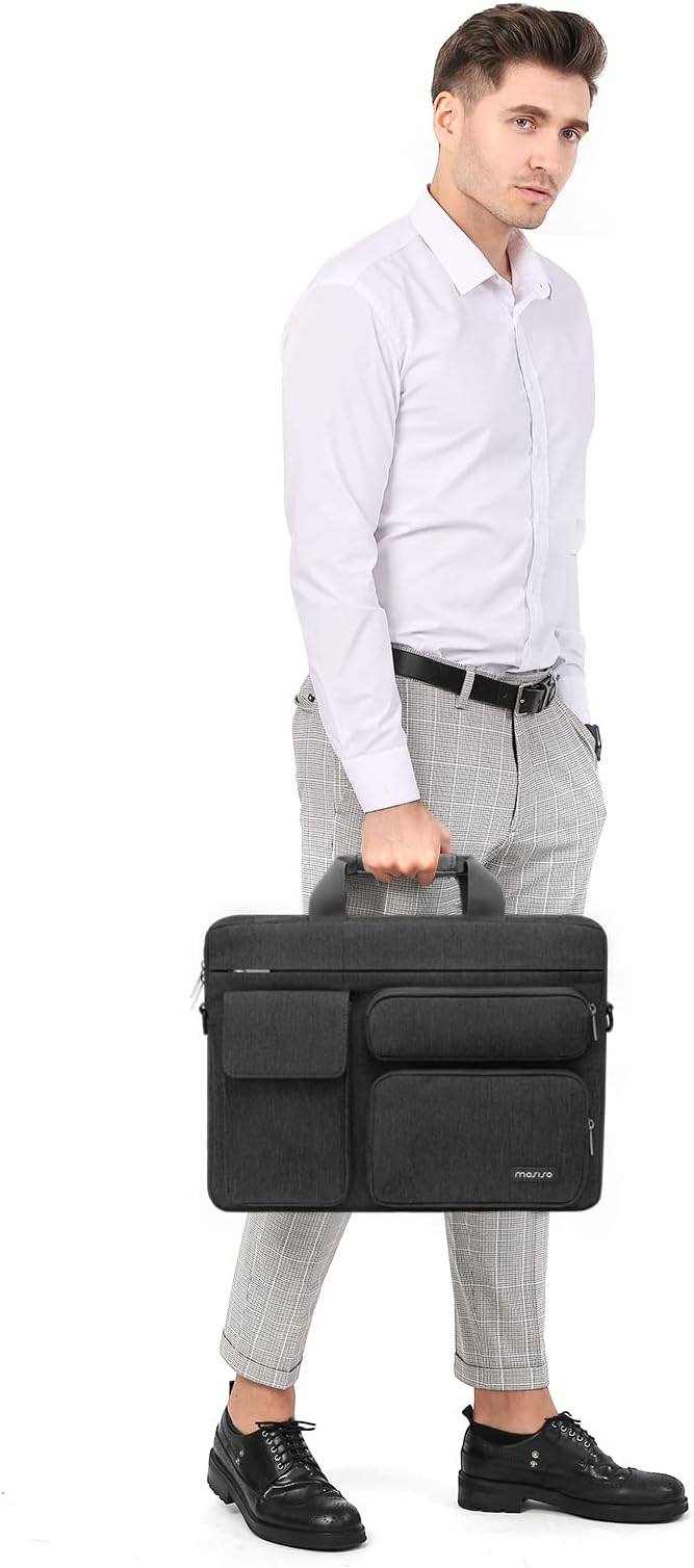 MOSISO Laptop Shoulder Bag 15.6 inch, 15-15.6 inch Computer Bag Compatible with MacBook Pro 16 inch, HP, Dell, Lenovo, Notebook with 2 Raised&1 Flapover&1 Horizontal Pocket&Handle&Belt, Slate Gray