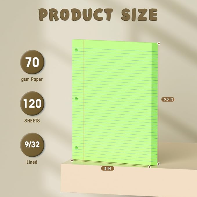 120 Sheets Green 8x10.5 Inch Loose Leaf Paper, College Ruled Filler Paper, 3 Hole Punched Notebook Paper for 3 Ring Binder, Premium Notebooks Paper for Students & Teachers, Office & School Supplies