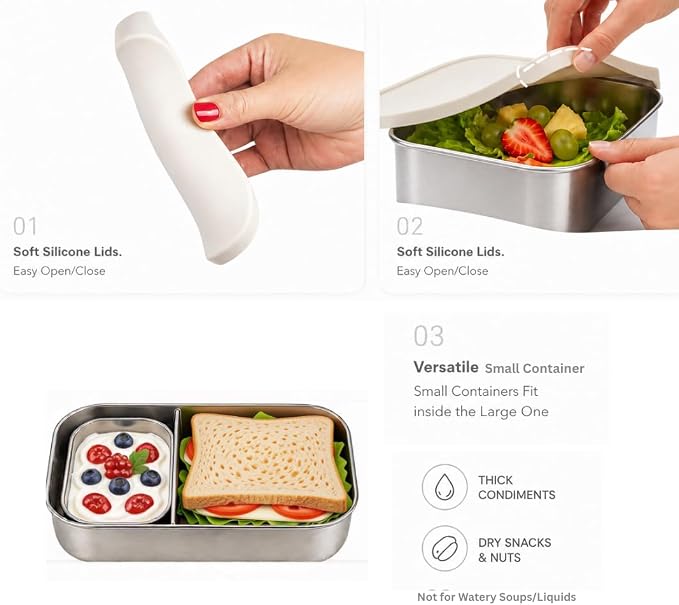 Modaniam Flexibento -Stainless Steel Lunch Box 47 OZ Set,Bento Box, Stainless Steel Lunch Containers, Leak proof Metal lunch Box, 1 * 47 OZ+ 1 * 6.5 OZ,Vanilla-47 OZ+ 6.5 OZ set