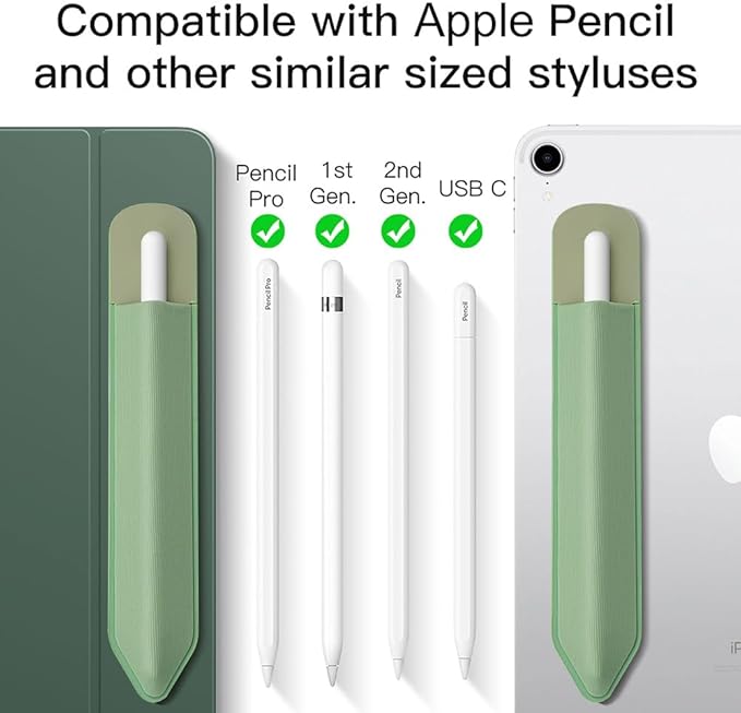 MoKo Pencil Holder Sticker Fit Apple Pencil Pro, Apple Pencil (USB-C), iPencil 1st/2nd Generation, Elastic Pencil Pocket Pouch Adhesive Sleeve Attached to iPad Case for Stylus Pens, Sage Green