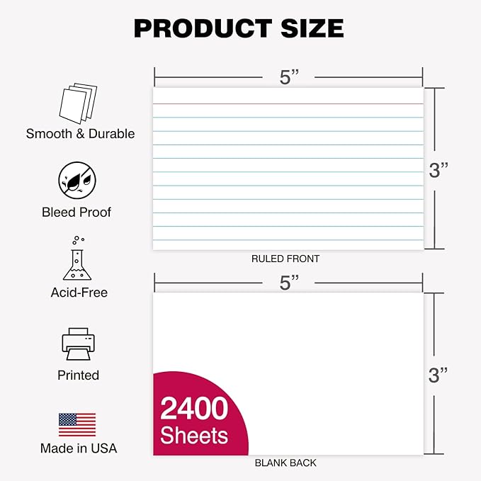Index Cards 3x5 Inch Heavy Weight Lined Flash Index Card Wide Ruled Study Cards Blank Back Bulk Pack of 2400 Notecards (24pk of 100) for Studying School Home Office Made in USA
