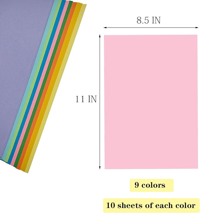 Colored Copy Paper 8.5 x 11 Printer Paper, 90 Sheets Colorful Paper Letter Size, Brightness Rainbow Lightweight Color Construction Paper for Arts Crafts DIY Origami School Office Supplies