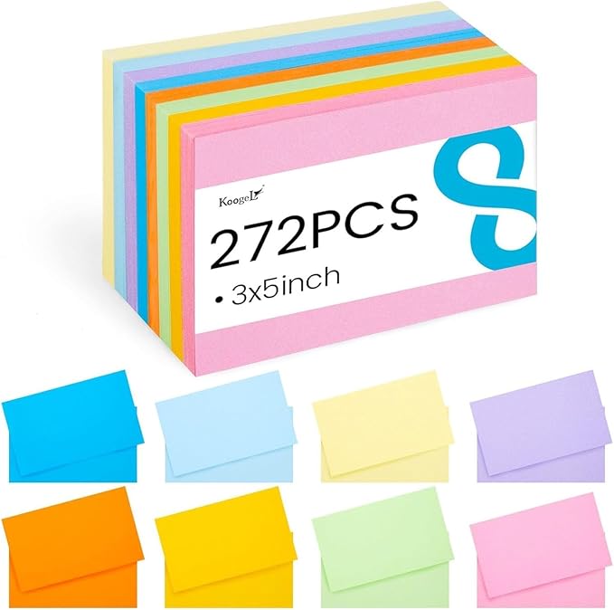 Koogel Index Cards 3x5 Inch, 272Count, Colored Flash Card for Studying, Heavy Weight Notecard Note Taking for School Students College Office Teachers, Home, Supplies, Blank, 8 Assorted Colors