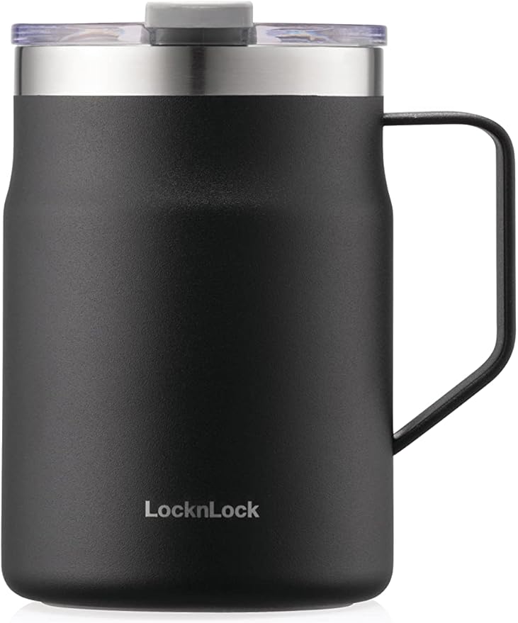 LocknLock Metro Mug Premium 18/8 Stainless Steel Double Wall Insulated with Handle Perfect for table with Lid, Black, 16 oz