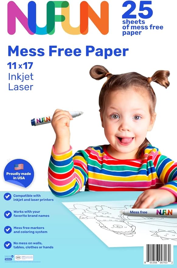 NuFun Activities Mess Free Paper 11x17 - Kids Create No Mess Wonders with Special Coloring Paper, Gift for Kids, 25 Blank Pages