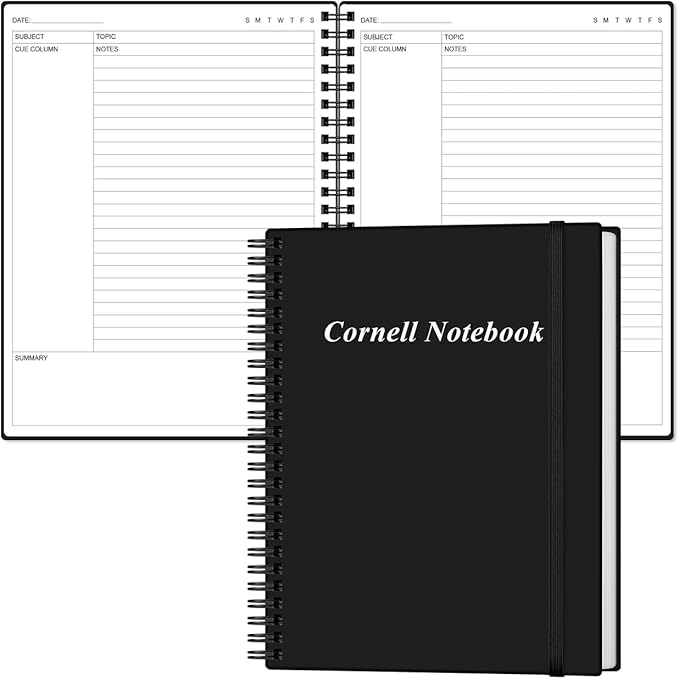Yaridar A4 Cornell Notes Notebook - Spiral Cornell Notebooks for Note Taking, Subject College Ruled Notebook Steno Pads for Office/School/College/Home, 8.5" x 11", Black