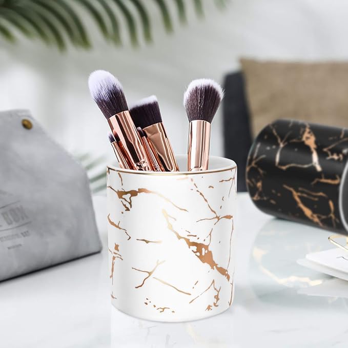 Pen Pencil Holder for Desk, Pencil Cup, Pen Pencil Stand Holder for Desk, Office Desk Organizer for Men Women Kids Ceramic Marble Makeup Brush Holder, White (Upgrade Style)