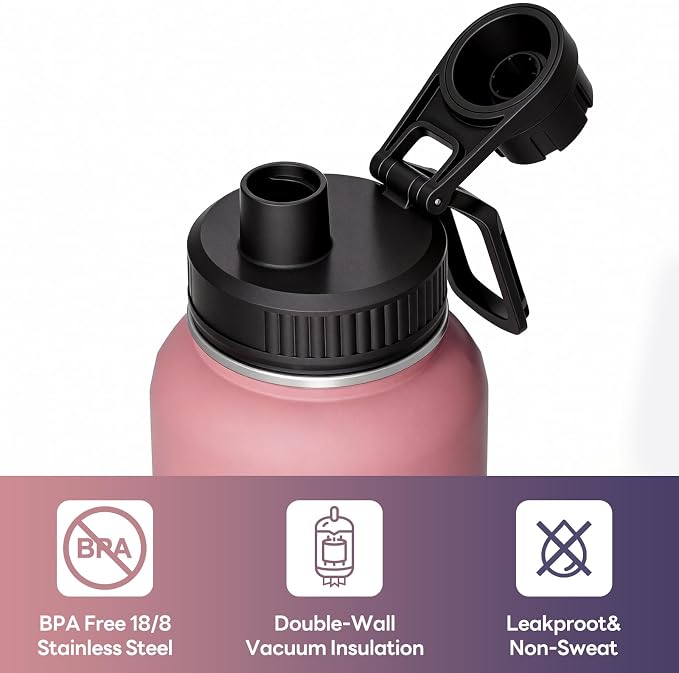 Navigate 40 oz Insulated Stainless Steel Sports Water Bottle with Spout & Handle Lids,Wide Mouth Water Jug with Double Walled Leak Proof Keep Cold for 24 Hrs Hot for 12 Hrs, Red to Black