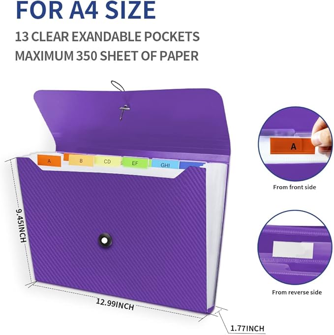Expanding File Folder, 13 Pockets Accordian File Holder Organizer, A4 Letter Size Paper Document Receipt Organizer Accordion Filing Folder for Classroom, Home, Office and Travel
