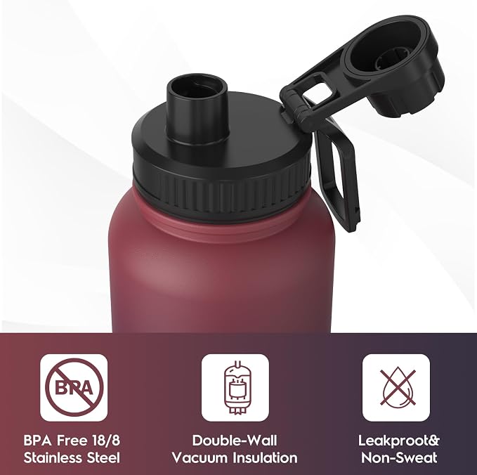 Navigate 32oz Insulated Water Bottle for Sports, Keep Cold 24H | 2-in-1 Spout and Handle Lids, Double Leak-Proof, 18/8 Stainless Steel, BPA-Free, Wide Mouth for Hiking,Red to Black