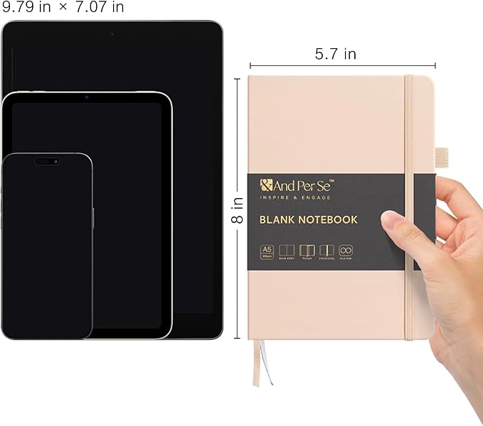 &And Per Se Blank Sketch Notebook, A5 Hardcover, 160 Pages 100gsm Thick Paper, Unlined Journal for Drawing, Doodling, Hand Lettering – Creative Gift for Artists, Designers, Writers (Light Apricot)