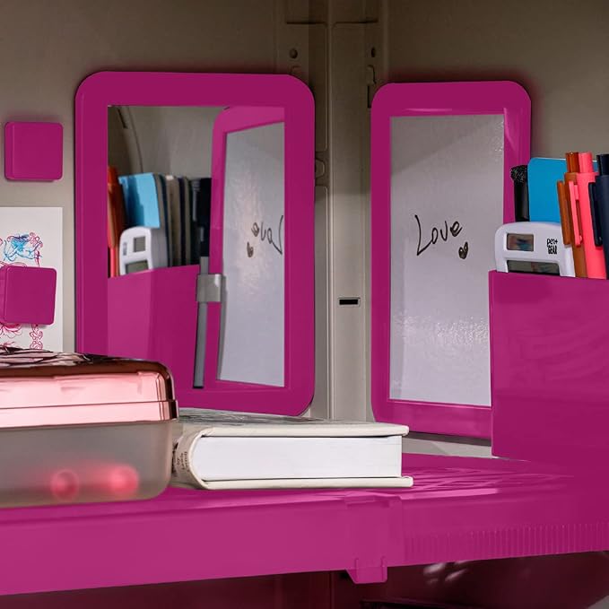 LockerMate 6-Piece Locker Organizer Kit, Includes Mirror, Whiteboard, Storage Cup & Dry Erase Marker, Pink