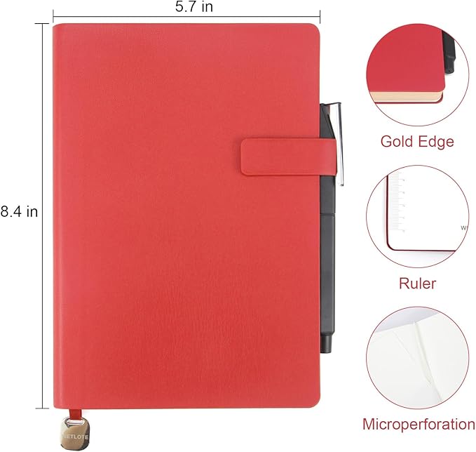 Soft Cover Leather Journal Notebook A5 Lined 212 Pages 5x8.25 Inches with Strap Closure Travel Work School Writing Journaling Notebooks for Women Men Gift Box Packaging Red