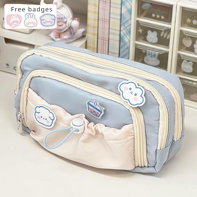 Cute Aesthetic Pencil Case Kawaii Pencil Case with Kawaii Pins Large Pencil Pouch Holder Preppy Supplies (blue)