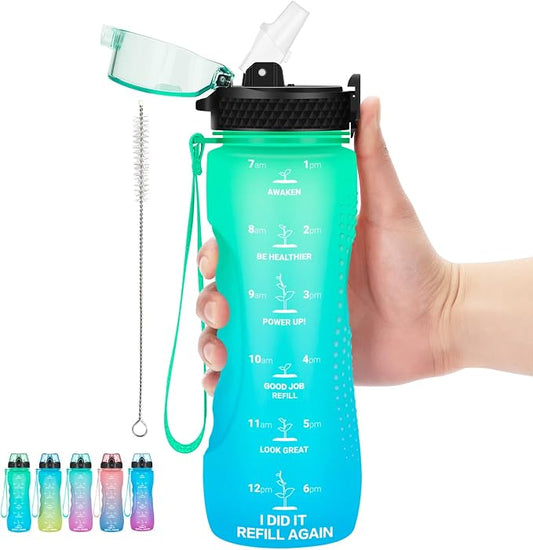 24 OZ Motivational Kids Water Bottle With Time Marker,Straw Lid,Leak Proof, Tritan BPA Free Sports Water Bottle Green-Blue(1 Lid)