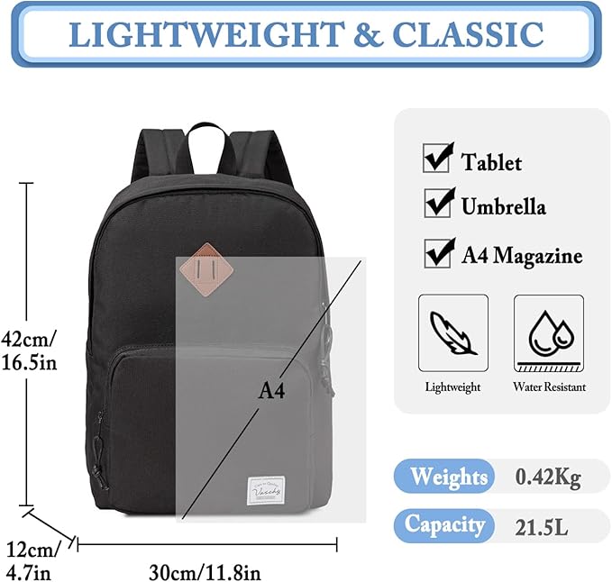 VASCHY School Backpack, Ultra Lightweight Backpack for Men Women Schoolbag Bookbag for Kids Teen Boys Girls Black