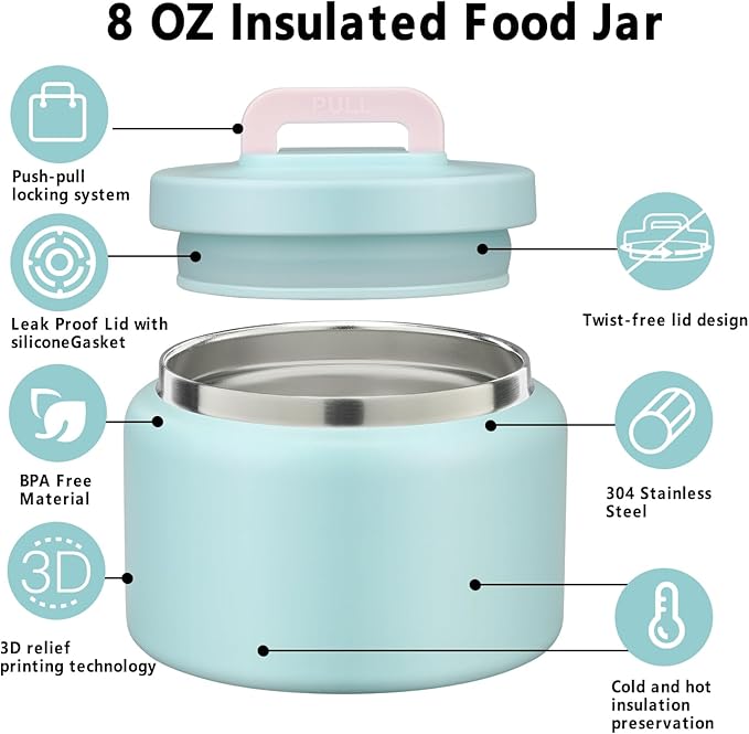 JXXM 8 Oz Thermo Food Jar for Hot & Cold Food for Kids, Insulated Lunch Containers Hot Food Jar,Leak-Proof Vacuum Stainless Steel Wide Mouth Lunch Soup Thermo for School (A-Ice Blue)