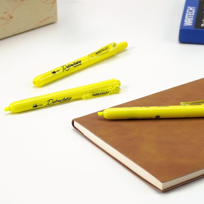 WRITECH Retractable Highlighters Chisel Tip: 12ct Fluorescent Yellow Ink | Refillable Marker Pens No Bleed & Smear for Home School Office Highlighting Journaling Drawing Coloring Note-taking Writing