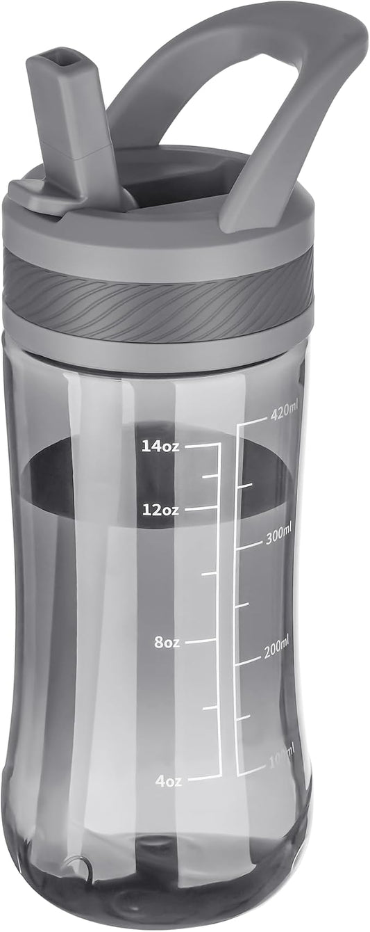 14oz Clear Kids Water Bottle with Straw Lid, BPA-Free Tritan, Measurement Scale, Sturdy Handle Wide Mouth Leak-proof Reusable Plastic Bottle for Boy& Girls, Back to School(Gray)