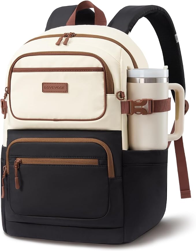 LOVEVOOK School Backpack for Teen Girls & College Students, Large Capacity Laptop Backpack with Water Bottle Holder, Lightweight Bookbag for School, Travel & Everyday Use, Black-White-Brown