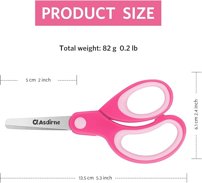 Asdirne Left Kids Scissors, Safety Children Scissors with Blunt Tip Stainless Steel Blades and Soft Grip, Great for Home and School, Assorted Color, 13.5cm, 3 Pack