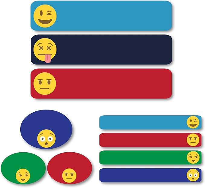 Lovable Labels Personalized Labels for Kids (85 Labels/Pack) - 3 Label Sizes Waterproof Dishwasher Safe Peel & Stick Labels for School Supplies Daycare Camp Clothing Bottles (Emoji Vibes)