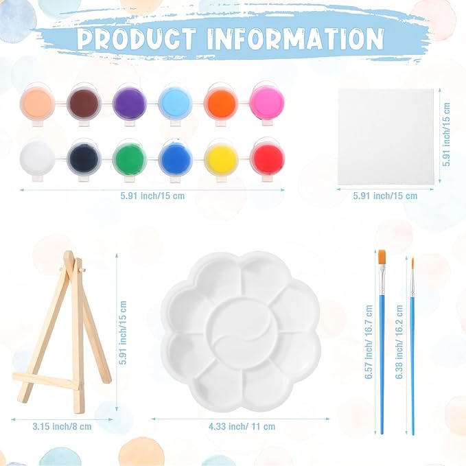 Qilery 12 Set Canvas Painting Kit, Mini Canvas with Wooden Easels Acrylic Paints Strips, Brushes, Palette, Art Set for Acrylic Oil Watercolor Adults Birthday Party Favors(6 x 6 Inch)
