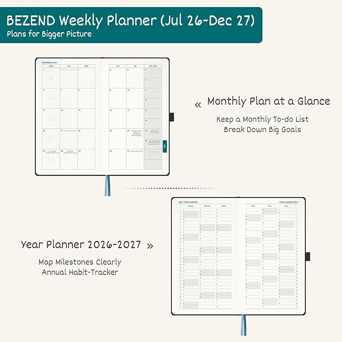 BEZEND Pocket Planner 2026-2027 Weekly and Monthly (3.75" x 6.75" Slim Size) 18-Month Academic Calendar Notebook (Jul 26-Dec 27), Ideal for Students & Professionals, PU Leather Hardcover -Olive