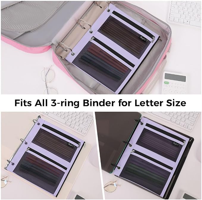 SKYDUE Pencil Pouch for 3 Ring Binder, 3 Pockets and Mesh Window | Zipper Pencil Pouch Pencil Bag with 3 Reinforced Grommets, Durable Organizer for School Supplies, Cables, Earbuds, Makeup